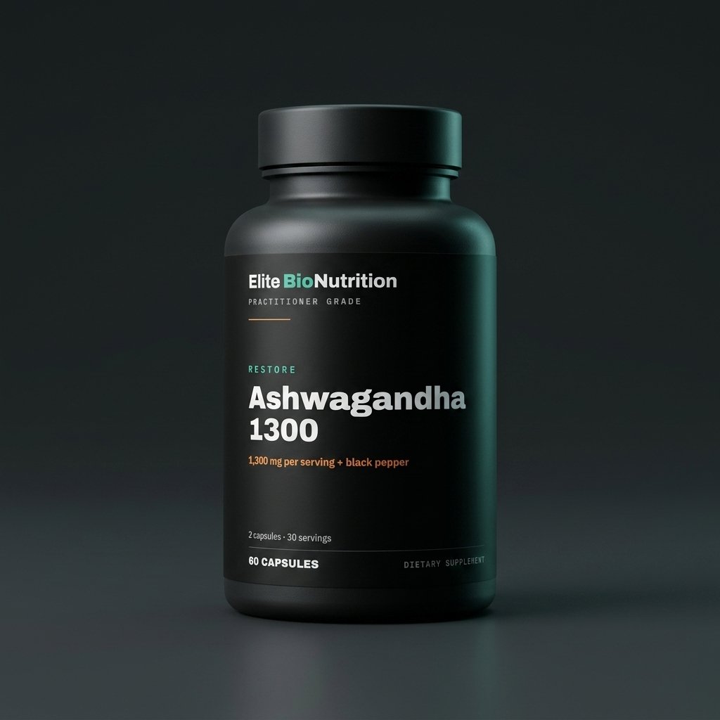 Elite BioNutrition Ashwagandha 1300 — 60 capsules, matte black bottle