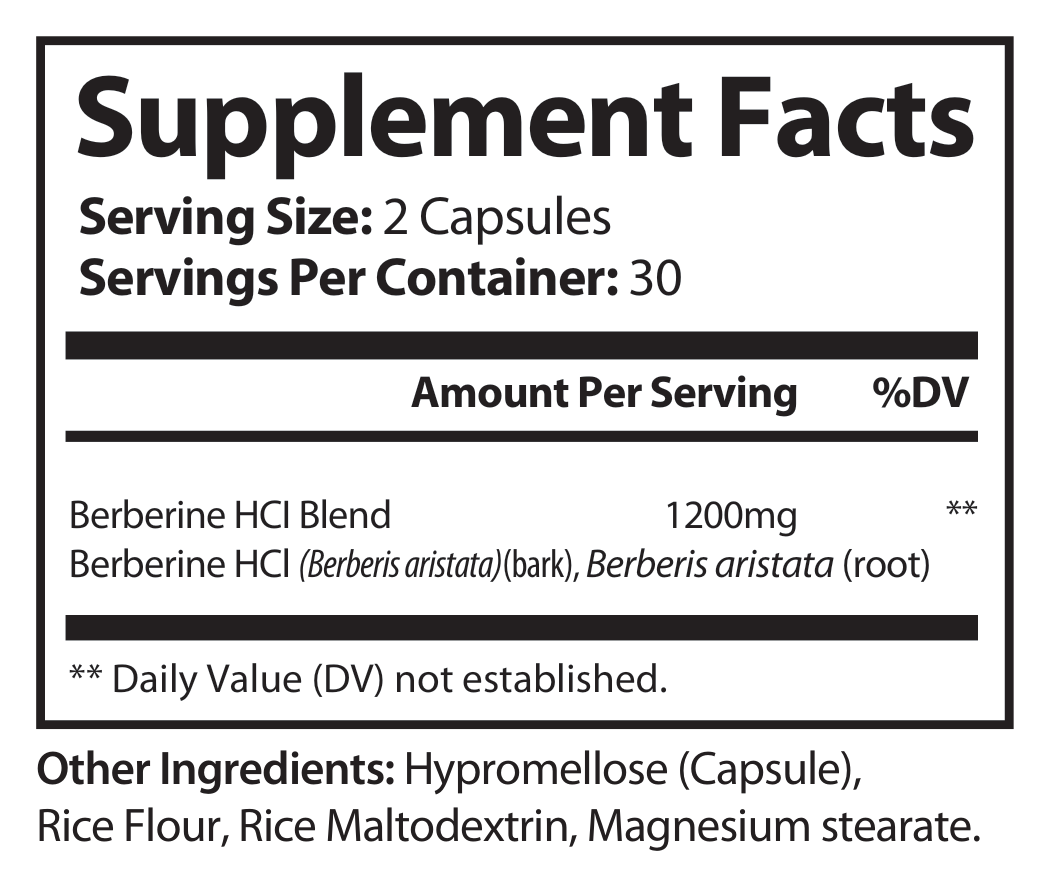Supplement Facts panel for Berberine HCl 1200 — full ingredient list with amounts per serving