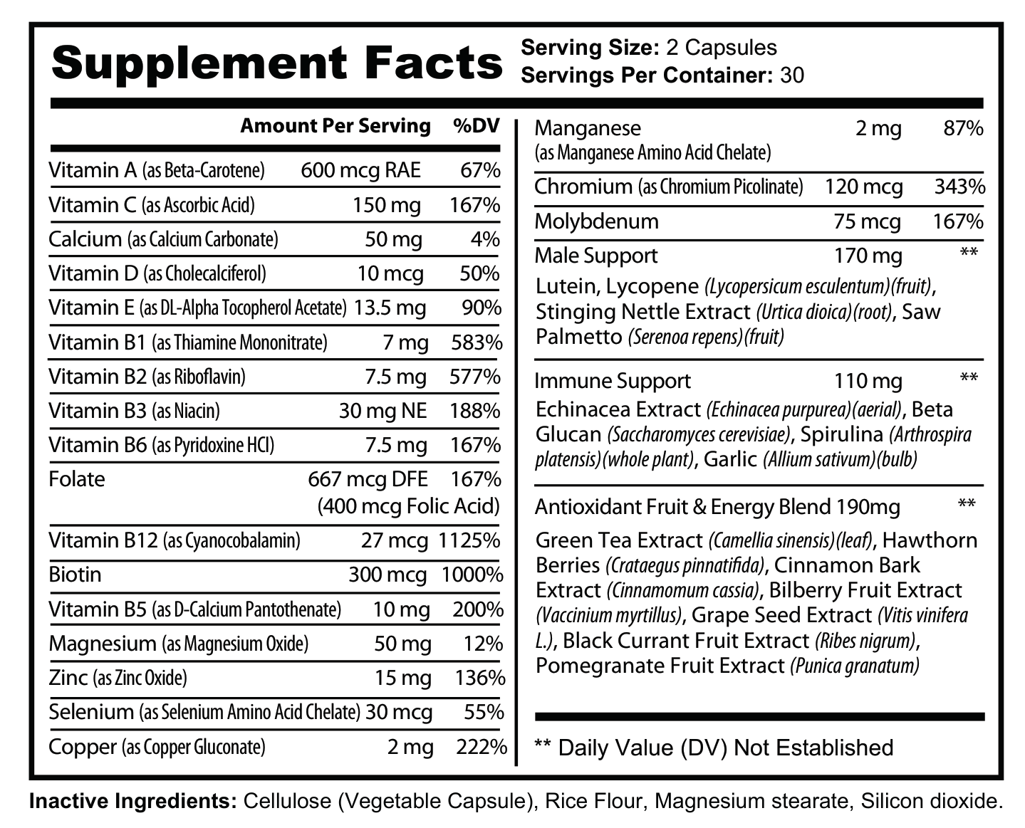 Supplement Facts panel for Men's Daily Multivitamin — full ingredient list with amounts per serving