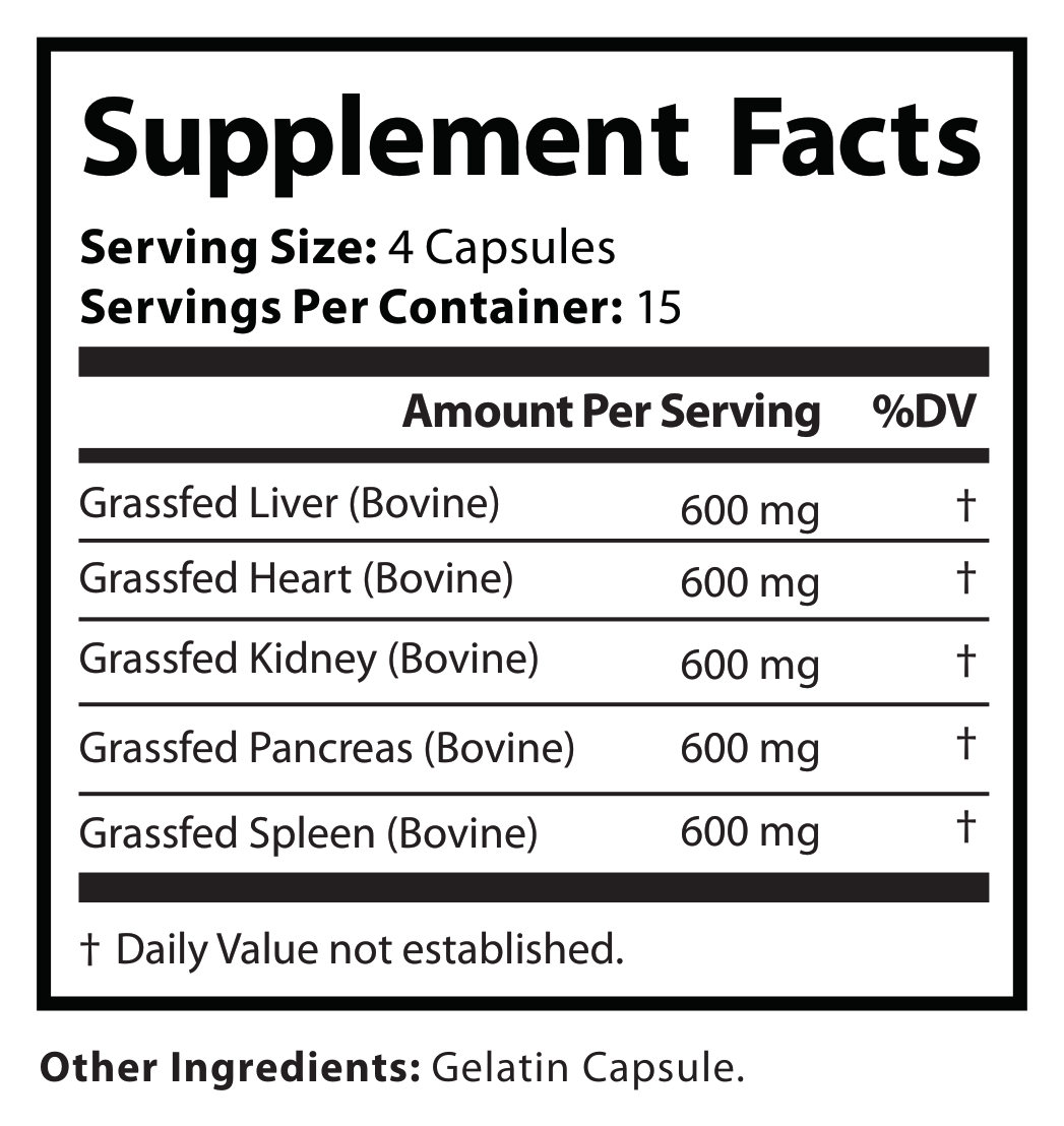 Supplement Facts panel for Beef Organ Complex — full ingredient list with amounts per serving