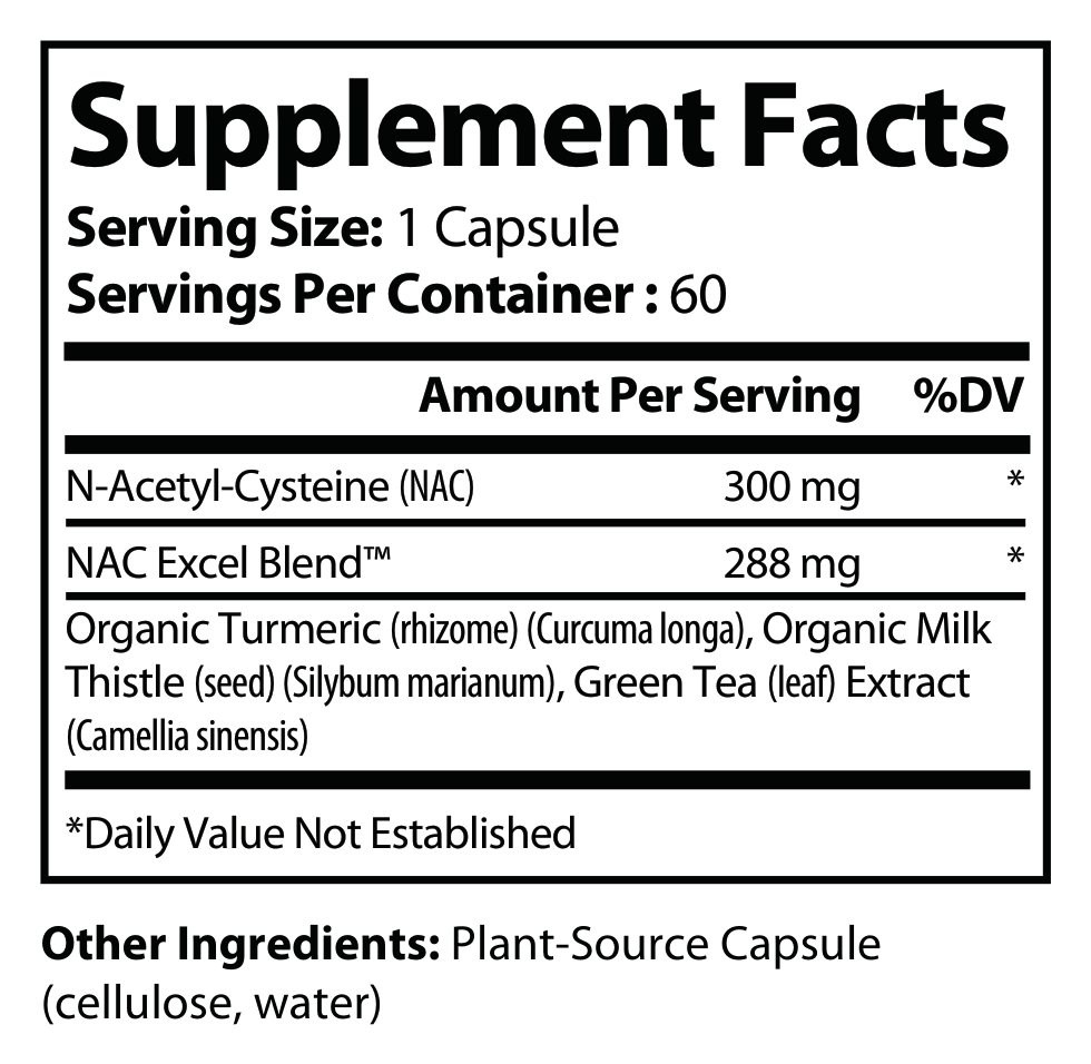 Supplement Facts panel for NAC Complex — full ingredient list with amounts per serving