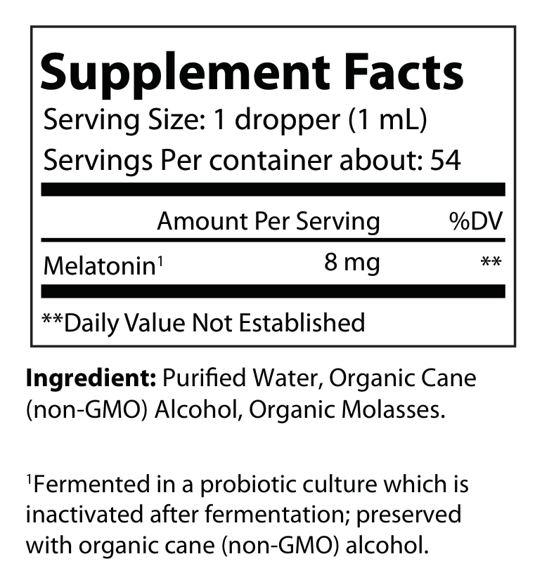 Supplement Facts panel for Fermented Melatonin — full ingredient list with amounts per serving