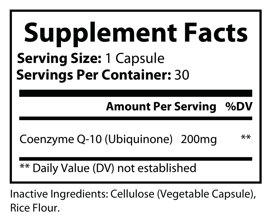 Supplement Facts panel for CoQ10 200 — full ingredient list with amounts per serving