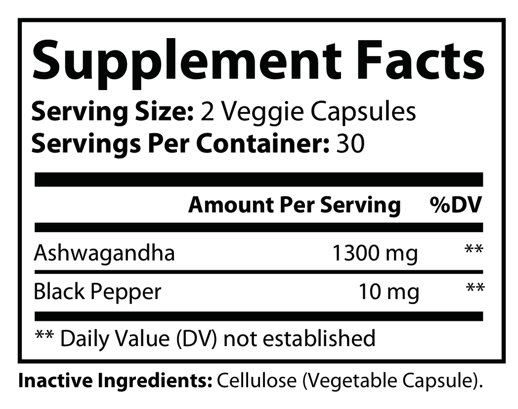 Supplement Facts panel for Ashwagandha 1300 — full ingredient list with amounts per serving