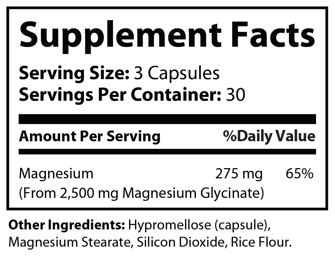 Supplement Facts panel for Magnesium Glycinate — full ingredient list with amounts per serving